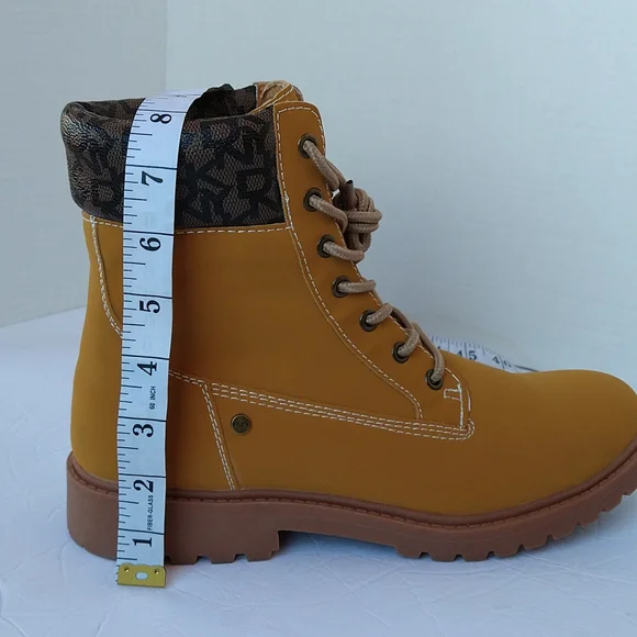 DKNY Miles Yellow Combat Moto Ankle Boots Faux Suede Lace-Up Size 8.5 - Picture 12 of 12